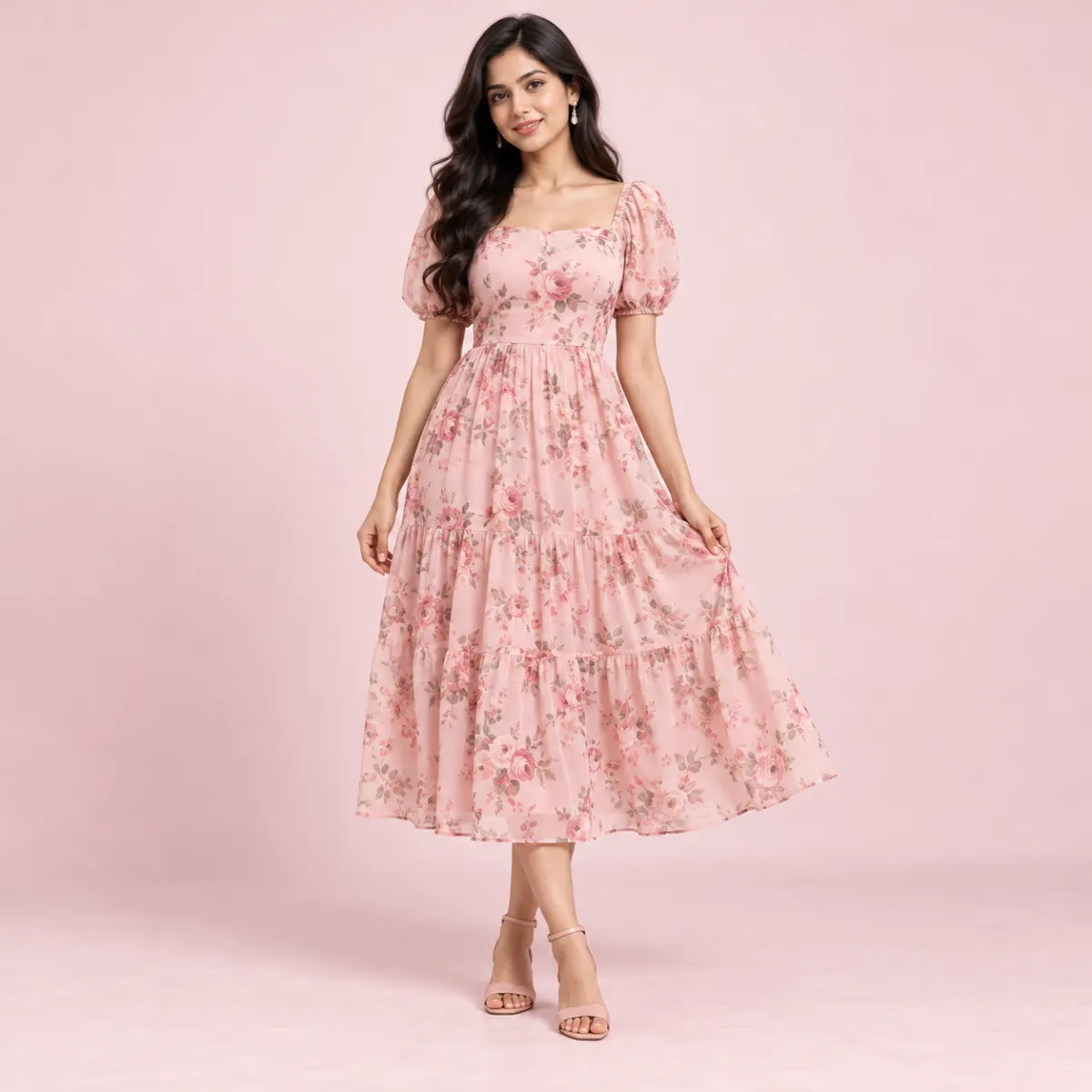 Blush Pink Floral Midi Dress