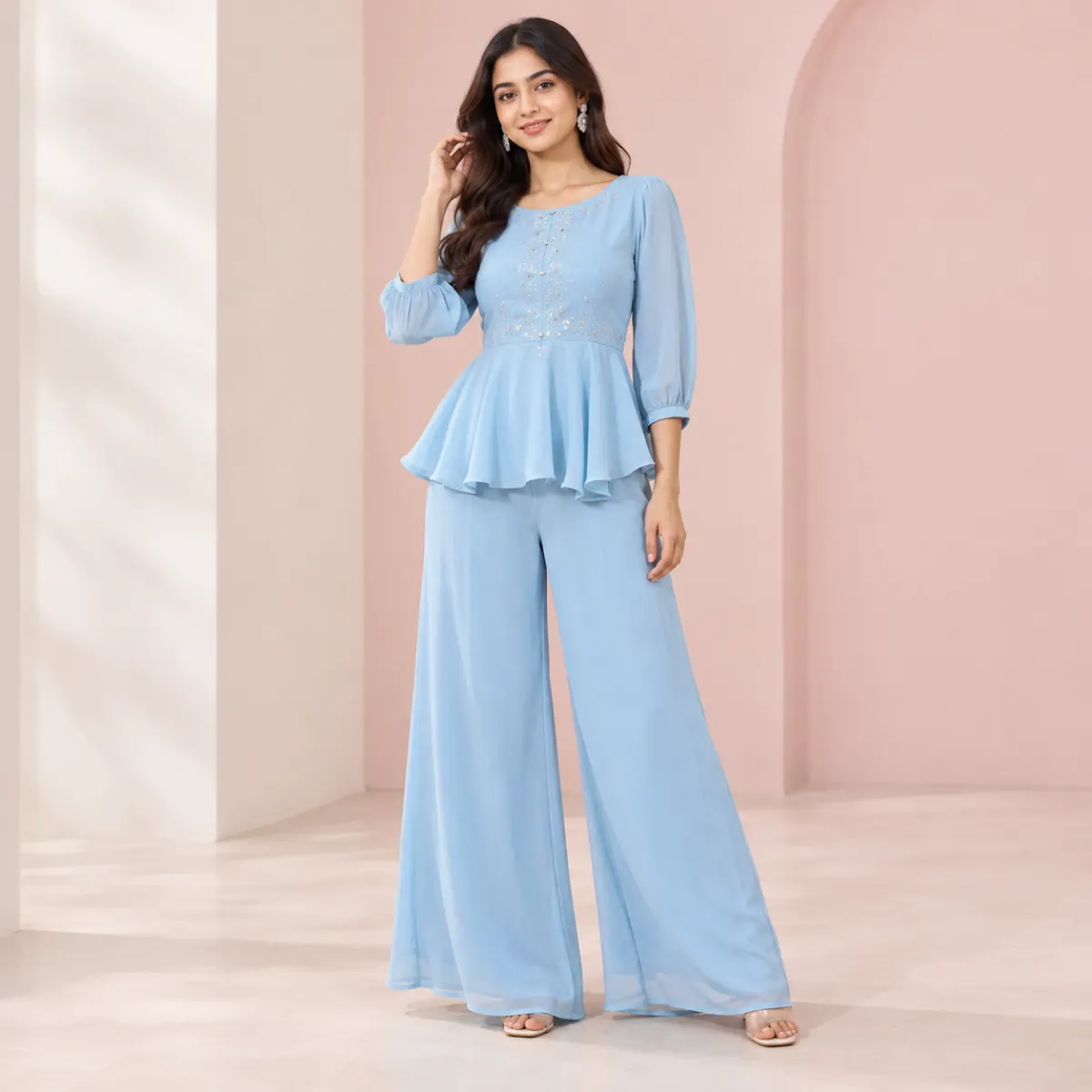 Sky-Blue Peplum Palazzo Set