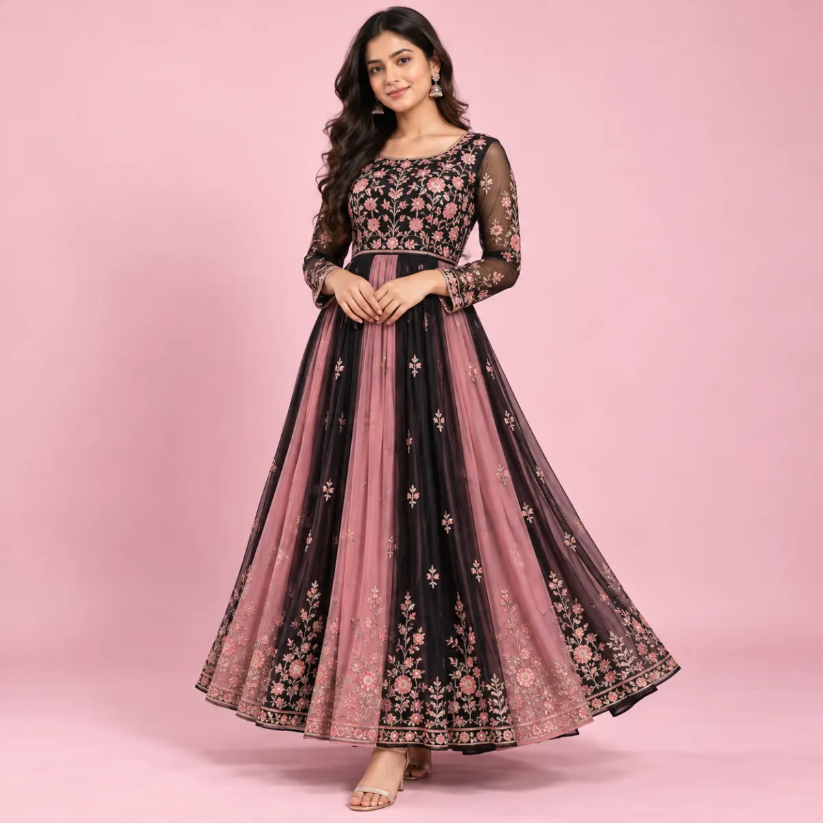 Black and Rose-Pink Embroidered Dress