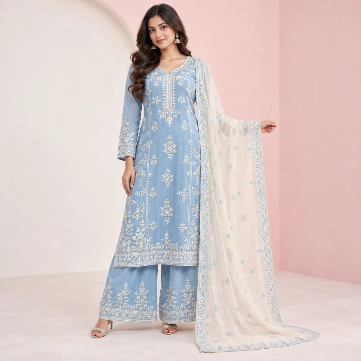 Embroidered Sky-Blue Ivory Kameez Set
