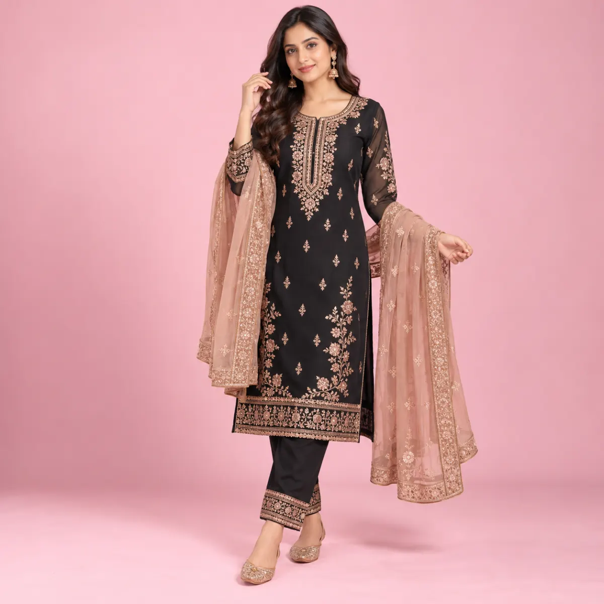 Black and Rose-Gold Embroidered Ensemble