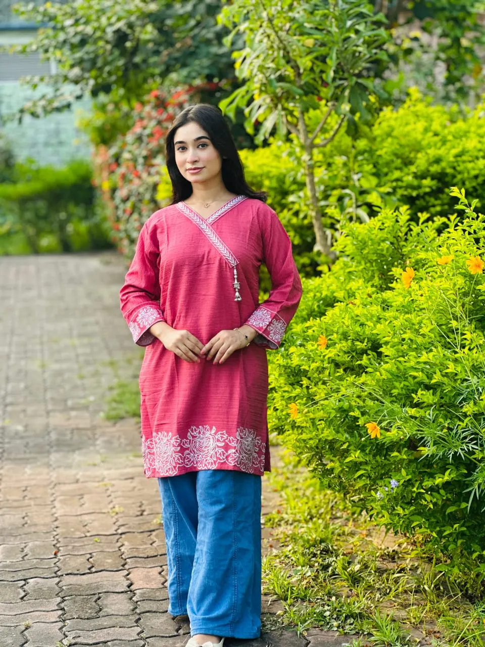 Rose Pink Angrakha Embroidered Kurti