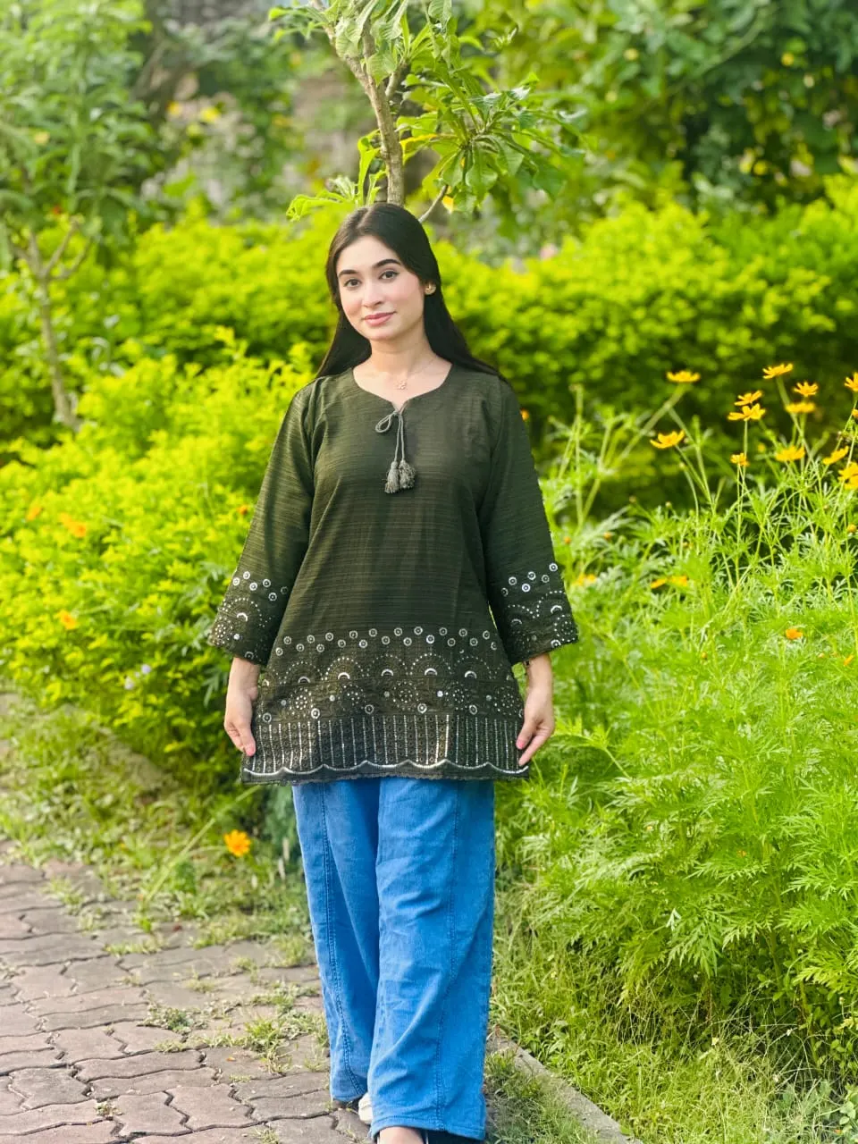 Olive Sequin Embroidered Short Kurti