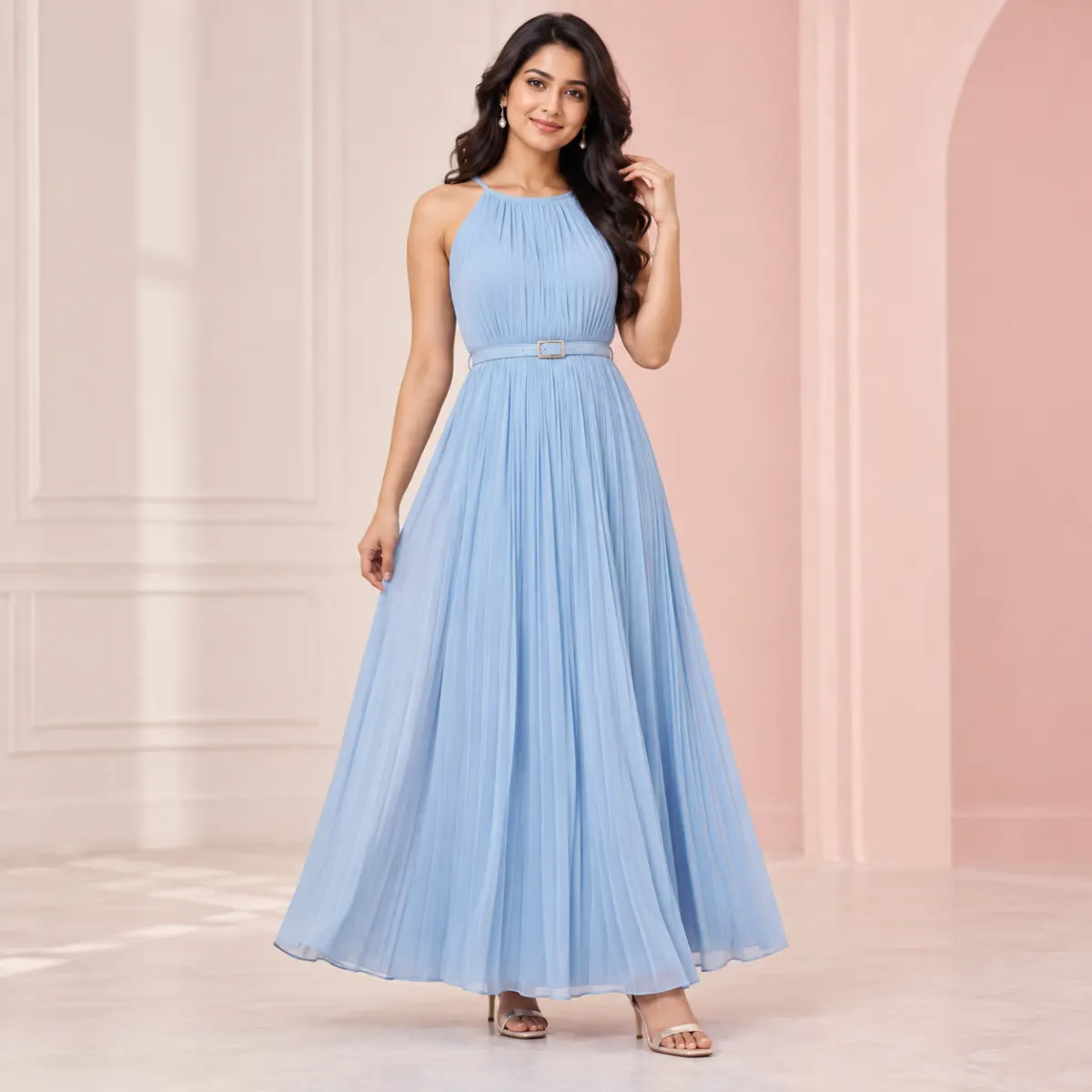 Elegant Sky-Blue Pleated Maxi Dress