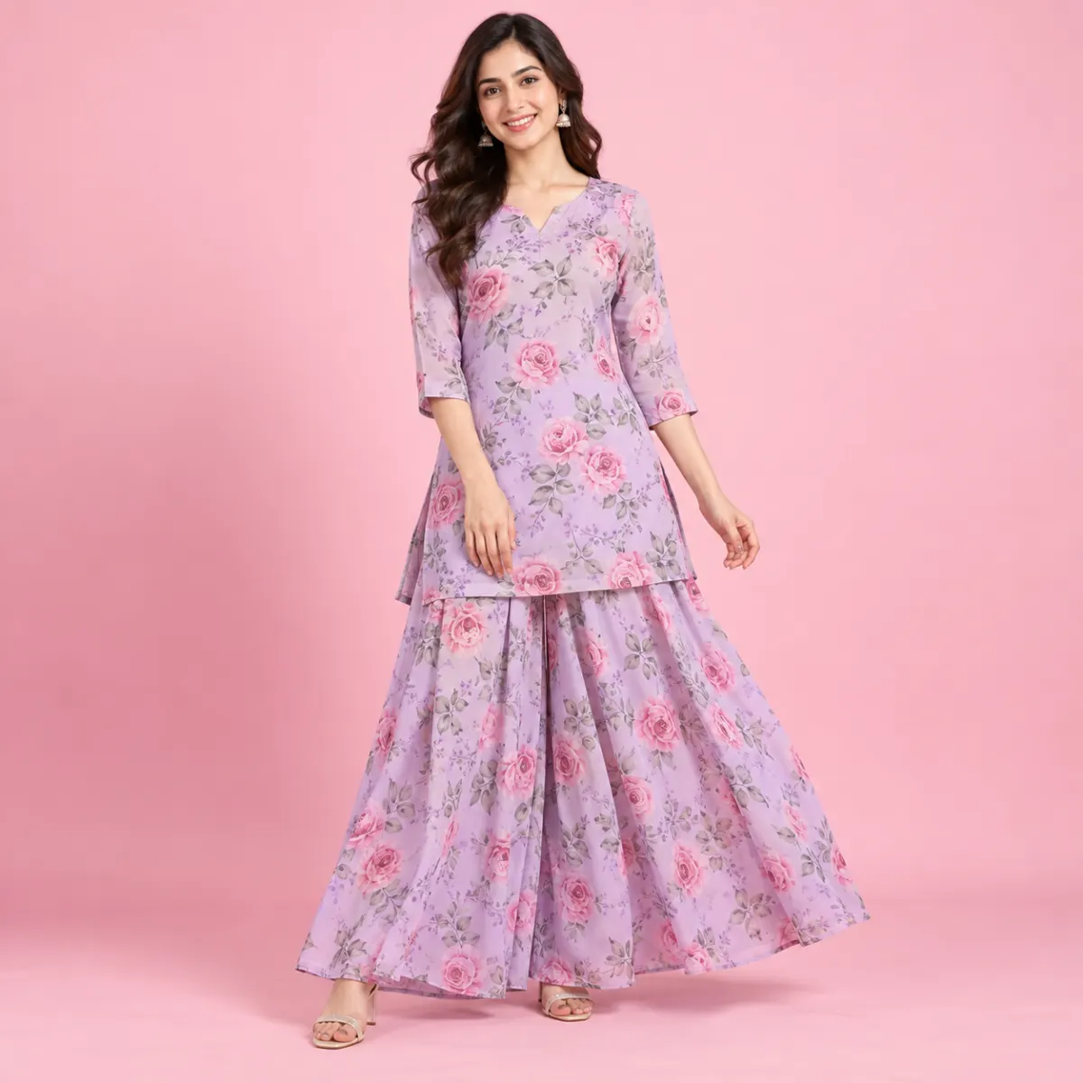 Lavender Rose Printed Two-Piece Set