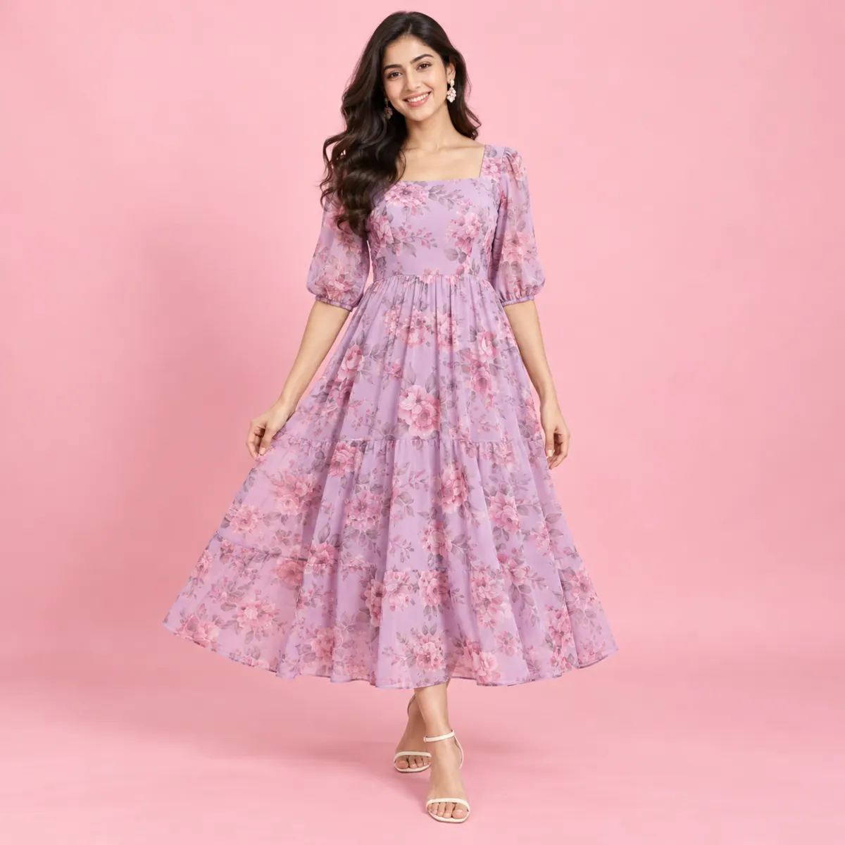 Lavender Rose Printed A-Line Dress